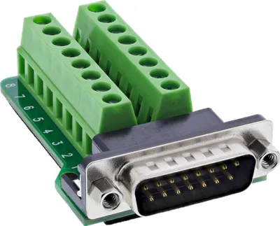 Obrázek produktu pro InLine 92502B, Terminal block / D-Sub 15, Černá, Zelená, Samec/samice, 26/18, 300 V, 10 mΩ
