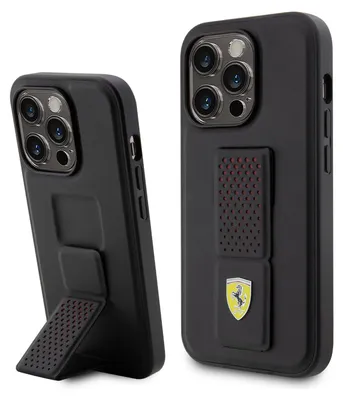 Two views of a black iPhone case with a Ferrari logo and a kickstand.