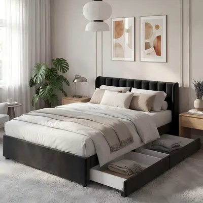 Immagine prodotto di Letto imbottito 140 x 200 cm, con cassetti, rete a listelli, adatto per camerette e camere da letto per adolescenti, rivestito in velluto, colore nero