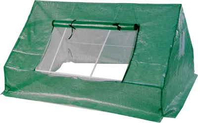 A green polyethylene greenhouse with a clear window flap, shown from a front-diagonal angle.