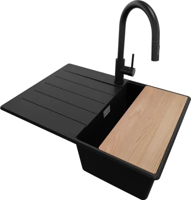 Produktbild von PRIMAGRAN Granitspüle Schwarz 70x50cm, Spülbecken 1 Becken + Küchenarmatur 40x20cm + Ablauf-Set + Schneidebrett, Küchenspüle ab 40er Unterschrank - Kopenhagen