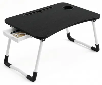 Image de Plateau pliable 60x40 cm - Table de lit avec plateau pour tablette - Porte-gobelet - Structure en acier - Plateau en bois - Idéal pour le petit-déjeuner/ordinateur portable
