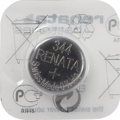 A Renata 344 button cell battery is shown in its original blister pack packaging.
