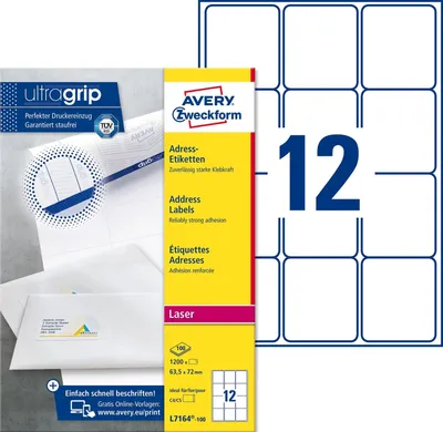 Produktbild von Adress-Etiketten ultragrip 63,5x72 mm VE=5x1.200 Etiketten / 100 Bogen weiß