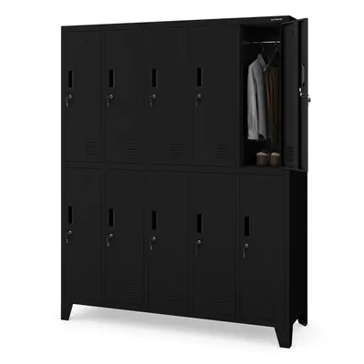 A black metal locker with 10 compartments, one of which is open showing clothes and shoes inside.