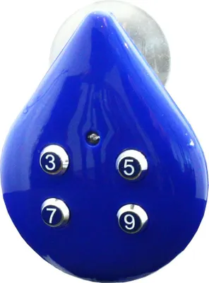 A close-up of a blue digital shower timer with four buttons.