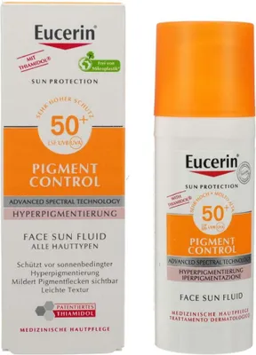 A product shot of Eucerin Sun Fluid Pigment Control Lsf 50+ packaging and bottle.