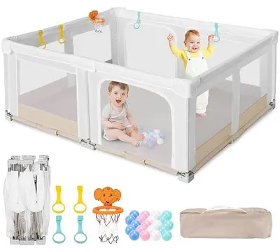 Productafbeelding van Grote, inklapbare babyren: 180 x 150 x 75 cm. Speelrek voor binnen en buiten, met 20 ballen, 1 basketbalmand, 4 handgrepen en 1 reistas – een ideale speelruimte voor kinderen