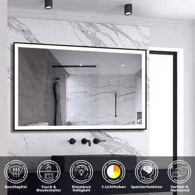 Produktbild von AICA LED Wandspiegel 120x70cm Beschlagfrei Touch/Wandschalter 3 Lichtfarbe +Dimmbar Badspiegel mit Beleuchtung Badezimmerspiegel mit Schwarz Rahmen IP44