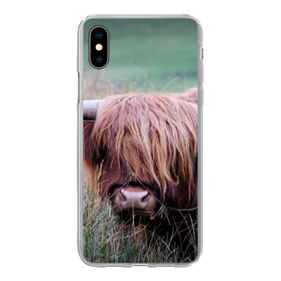 Produktbild von MuchoWow® Handyhülle Schutzhülle Hülle für iPhone Xs Schottischer Highlander - Hörner - Gras Silikon Softcase Handy Hülle - Handytasche