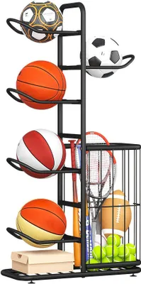 Produktbild von Ball Aufbewahrung – Stehende Ballhalterung aus Stahl für Basketball, Fußball & Volleyball – Robuster Ballständer mit Ballhalter für Innen- und Außen