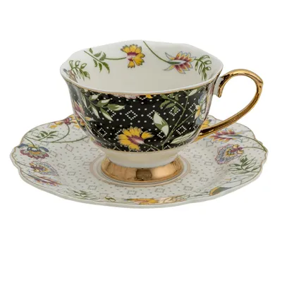 Image de Clayre & Eef Tasse avec soucoupe 200 ml Blanc Noir Porcelaine Fleurs