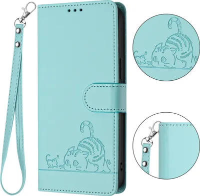A light green flip case wallet for a phone, featuring embossed cat illustrations and a wrist strap.