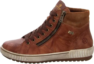 A side view of a brown leather high-top sneaker with a zipper.