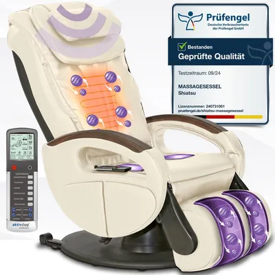 Produktbild von ELONEO Shiatsu Massagesessel mit Wärmefunktion, Fernsehsessel rollbar, Drehbar, Relaxsessel elektrisch verstellbar, Shiatsu-Massage (Creme)
