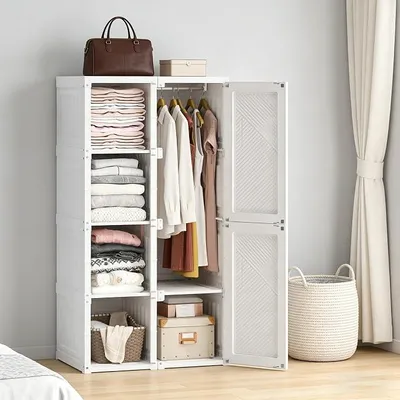Imagen del producto de Armario para dormitorio, 69 x 50 x 136 cm, armario, 5 compartimentos de almacenamiento, portátil, con barra para colgar y estantes, armarios de almacenamiento, blanco (50 x 69 x 136 cm)