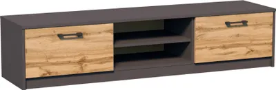 A TV stand with a matte graphite finish and oak-effect doors and shelves.