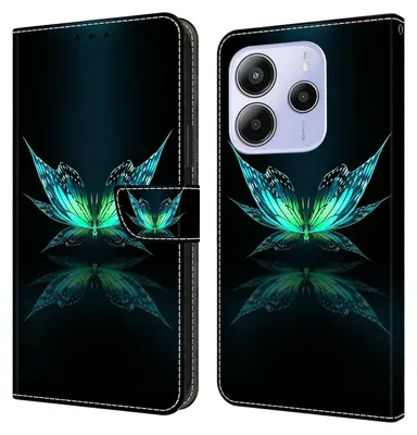 Produktbild von CLM-Tech Handyhülle kompatibel mit Xiaomi Redmi Note 14 5G Hülle Tasche aus Kunstleder Klapphülle Wallet Case schwarz türkiser Schmetterling