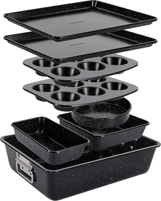 Produktbild von NutriChef 8-teiliges stapelbares Backformen-Set Kohlenstoffstahl | Antihaft, PFOA- & PFOS-frei | Ofenfest bis 232 °C | Mit Backblech