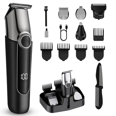 Produktbild von Haarschneider für Männer, 5-in-1 Profi Barttrimmer, Wasserdichter elektrischer Rasierer mit LED-Display, Bartschneider, Nasenhaartrimmer, schwarz