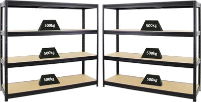 Produktbild von Mega Deal | 2x Schwerlastregal DINO | HxBxT 180x200x60cm | 4 MDF-Platten-Ebenen 6,5 mm | Fachlast 500kg | Schwarz