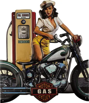 Obrázok produktu pre Moritz plechový nápis 60 x 69 cm motorka bicykel USA čerpacia stanica benzínová stanica žena dekorácia kovový nápis retro vintage retro výroky vtipné