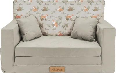 Produktbild von Flumi Kindercouch Kindersofa Spielsofa mit Schlaffunktion für Kinderzimmer -Schlafsessel mit Bettfunktion - Kindermöbel Hellgrau + Füchse