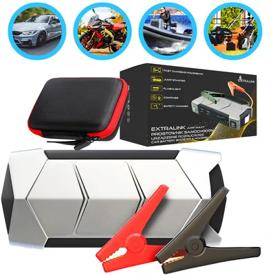 Immagine prodotto di Extralink Avviatore di Emergenza 10000 mAh, 1000 A, Powerbank per Auto, Torcia LED, Bussola, Martello di Sicurezza