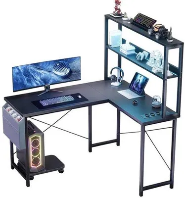 Image de Bureau de jeu en forme de L - Longueur : 148 cm - Éclairage LED RGB - Avec étagère et prise de courant