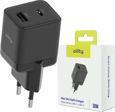 Immagine prodotto di Allity GaN PD QC caricatore di rete ATC-01-30WAC 1x USB-C 1x USB-A 30W caricatore per telefoni cellulari nero