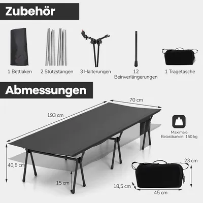 Produktbild von Verstellbares Campingbett mit Stauraum, 193 x 70 cm, 150 kg Tragkraft