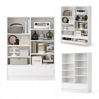 Zdjęcie produktu dla Regał stojący na książki do salonu 8 półek z szafką biały 120 cm loft