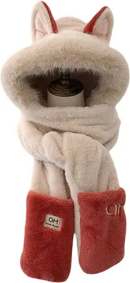 Produktbild von Kapuzenschal für Damen, warm, Winter, Kunstpelz, Schal, Mütze, Handschuhe, Kombination mit niedlichen Fuchsohren