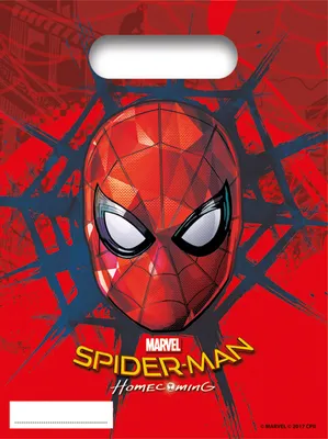 A marketing image for Spiderman Homecoming gift bags, featuring a close-up of Spiderman's mask and the movie title.