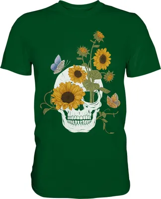 Produktbild von Totenkopf Sonnenblumen Shirt Gärtner Schmetterling Garten Motiv – Bottle Green / XL