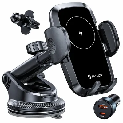 Productafbeelding van Siltcon® Telefoonhouder Auto 15W QI Draadloze Oplader - Telefoonhouders Auto - Extra Sterkte Zuignap voor Dashboard, Raam & Ventilatie - GSM Houder Auto - Auto Accessories – USB-C 30W – USB-A 22.5W – Snellader - 360° - Universeel alle Telefoons