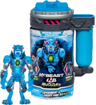 A MrBeast Lab Mutators Stealth Panther toy figure and its mutation chamber packaging are displayed against a white background.