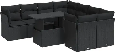 Produktbild von 9-tlg. Garten-Sofagarnitur mit Kissen Schwarz Poly Rattan