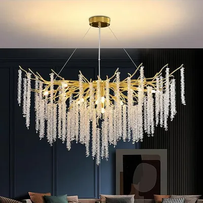 Image de Lustre en cristal de luxe, suspension en cristal design, lampe suspendue à hauteur réglable, idéale pour salle à manger, cuisine, salon, chambre