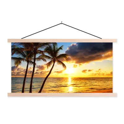 Produktbild von MuchoWow® Textilposter Strand - Horizont - Sonnenuntergang - Palme - Meer 60x30 cm mit holzfarbenen Rahmen - Dekoration