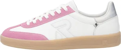 A side view of a white and pink sneaker with a tan sole.
