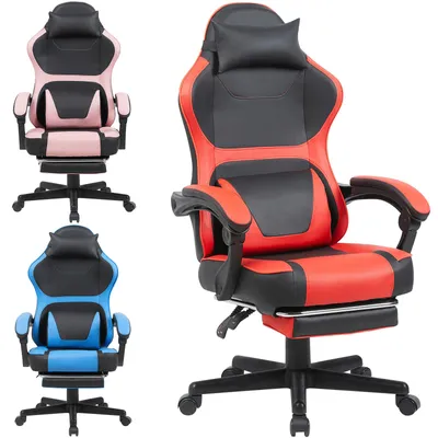 Produktbild von Gaming Stuhl ergonomisch mit Fußstütze, Gaming Chair mit Lendenkissen, Kopfstütze und PolyurethanBezug
