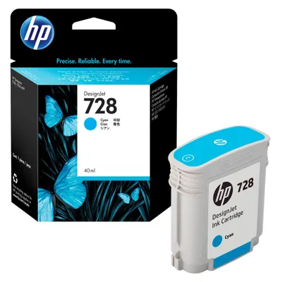 Produktbild von HP 728 Cyan DesignJet Druckerpatrone, 40 ml, Thermal Inkjet, Cyan, Singapur, Malaysia, 125 mm, 141 mm, 39 mm