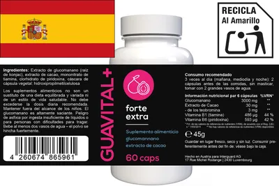 A product shot of a bottle of Guavital+ Forte Extra supplements, with the Spanish flag and recycling information visible.