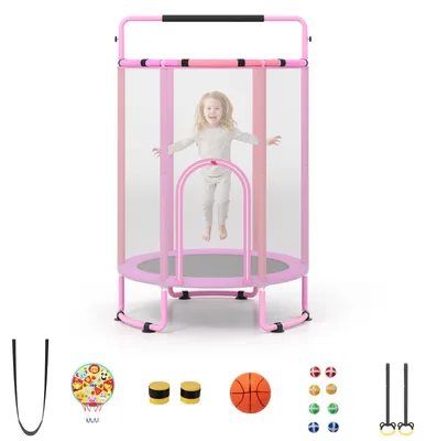 Immagine prodotto di Trampolino per bambini COSTWAY, diametro 140 cm, con barra per esercizi, altalena, anelli e canestro da basket. Trampolino da giardino con canestro e palloni, colore lilla