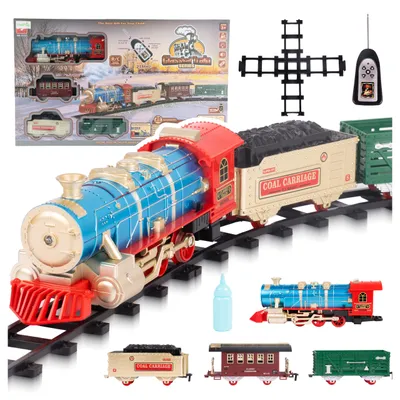 Produktbild von Elektrische Eisenbahn Mit 25 Teilen: Zug Mit 3 Waggons, Schienen, Fernbedienung und Raucheffekt