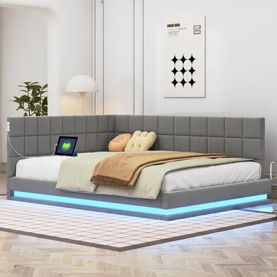 Productafbeelding van Multifunctionele slaapbank met LED-verlichting en USB-aansluiting, 140x200 cm, grijs linnen. Uitgevoerd met een lichtbalk die van kleur kan veranderen, een lattenbodem en een draagvermogen van 250 kg