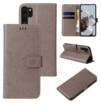 Produktbild von Handyhülle für Huawei P30 Pro Floral Blumen Schmetterling Flip Cover Hülle Case Klapphülle Handytasche Farbe: Grau