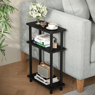 Productafbeelding van Smalle bijzettafel met 3 niveaus, hout, 40x18x61,5 cm, zwart. Nachtkastje met opbergruimte