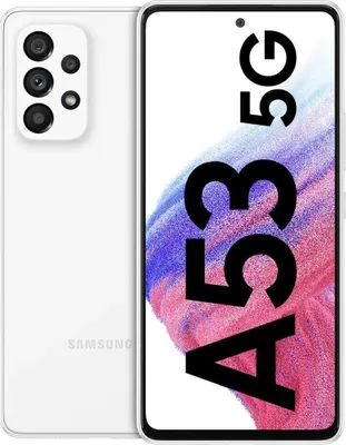 A white Samsung Galaxy A53 5G smartphone is shown from the front and back.